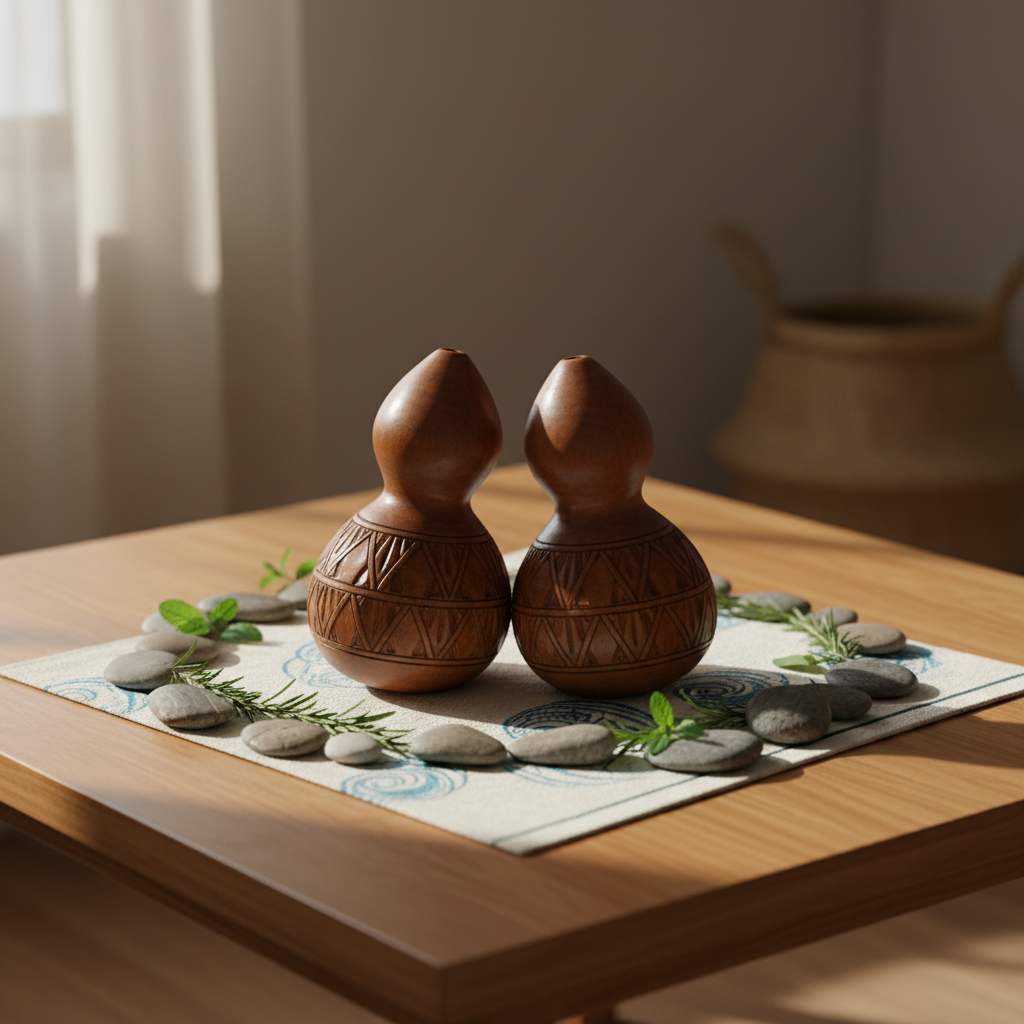A refined still life symbolizing relationship and marriage harmony in a traditional Kenyan context: two simple, matching carved wooden gourds placed closely together on a neatly folded off-white kanga cloth with subtle coastal patterns, surrounded by a circle of smooth river stones and sprigs of fresh green herbs. The arrangement rests on a low, honey-toned wooden table near a window. Soft morning daylight falls across the scene at an angle, creating delicate shadows between the gourds and a gentle glow on the cloth’s texture. Captured in photographic realism at eye level with a rule-of-thirds composition and a shallow depth of field, the background fades into a warm blur of neutral walls and a single woven basket, evoking calm, mutual support, and sophisticated intimacy.