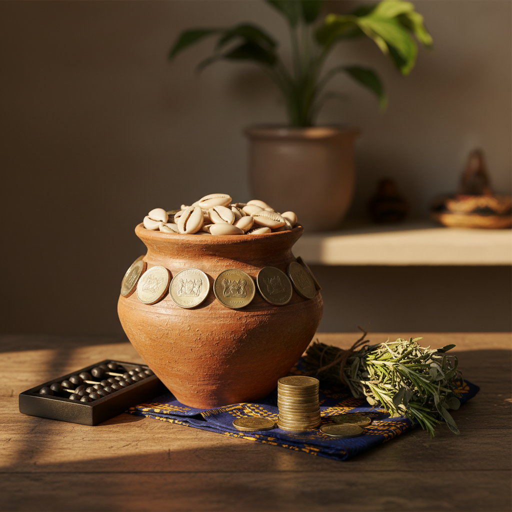 A symbolic financial and business support tableau on a traditional wooden surface: a simple clay pot half-filled with assorted polished cowrie shells and neatly stacked Kenyan coins, beside a small bundle of tied dried herbs and a folded strip of kitenge fabric in deep indigo and gold tones. A discreetly placed abacus carved from dark wood suggests planning and stability. Golden-hour light enters from the side, casting long, refined shadows and warm highlights on the metallic surfaces. Photographic realism from a slightly elevated angle with balanced framing; the softly blurred background shows an understated interior with muted earth colors and a single potted plant, conveying a mood of grounded prosperity, dignity, and trusted traditional guidance for financial and business matters.