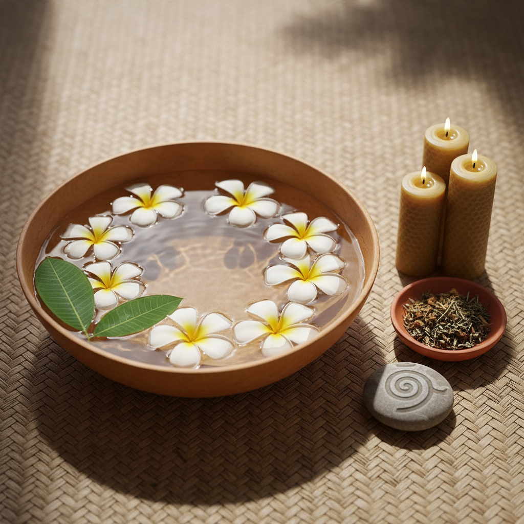 A serene spiritual cleansing space in a Kenyan traditional setting, with a wide shallow calabash bowl at the center filled with clear water, white flower petals, and floating green leaves, resting on a woven mat of natural palm fibers. Nearby, a neatly arranged trio of unlit beeswax candles, a small clay dish of cleansing herbs, and a smooth river stone inscribed with an abstract pattern suggest ritual without text or people. Gentle, diffused daylight from above creates soft reflections on the water’s surface and subtle shadows along the mat’s texture. Photographic realism, captured from a slightly overhead angle with sharp focus on the bowl and gradual blur towards the edges, produces a calm, sophisticated atmosphere of purification and fresh beginnings.