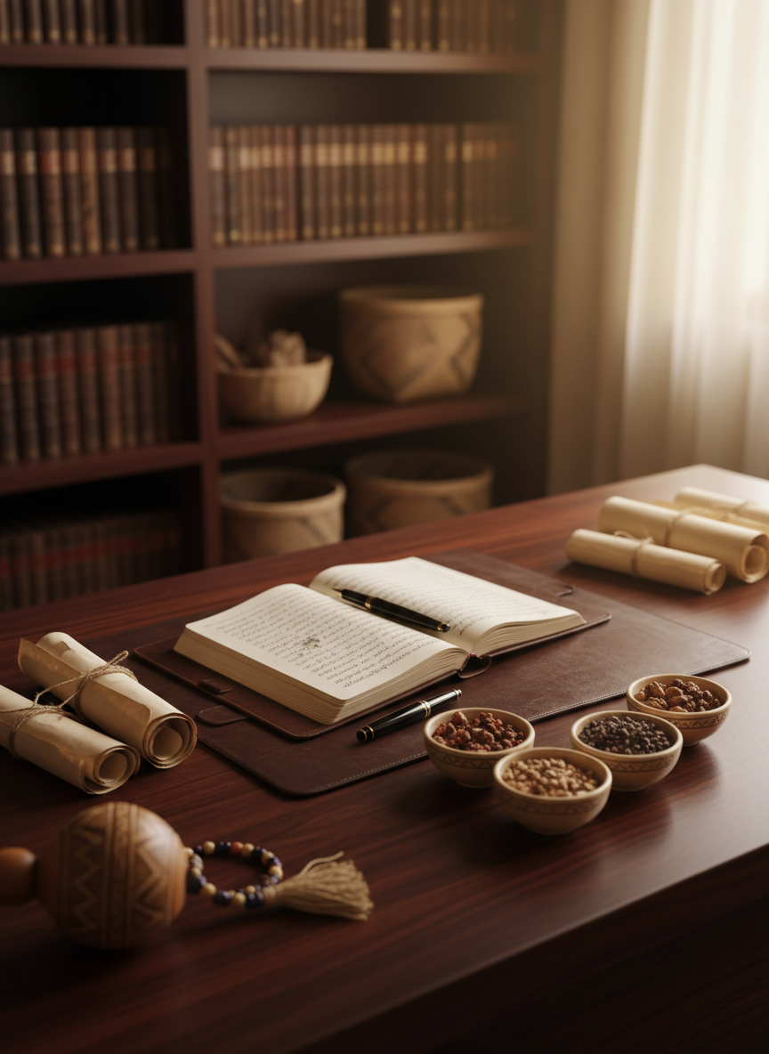 An elegant consultation desk for traditional herbal and spiritual guidance, crafted from smooth, dark Kenyan hardwood, topped with an open leather-bound notebook, a fountain pen, neatly stacked parchment, and small ceramic bowls containing carefully sorted herbs and seeds. A carved wooden gourd and a subtle beaded charm rest at the edge, hinting at spiritual practice without showing people. Warm, diffused overhead lighting combines with a soft side glow from a window, creating refined highlights on the polished surface. Photographic realism from a slightly elevated angle, with a balanced composition and gentle bokeh of book-lined shelves and woven baskets in the background, conveys a professional yet deeply rooted traditional practice suitable for life, relationship, and business guidance.