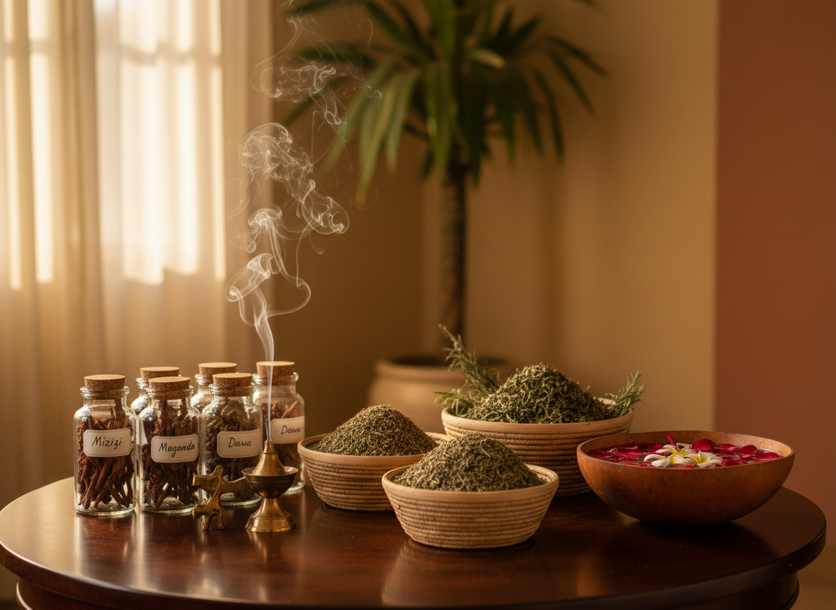 A meticulously arranged traditional healing altar on a polished dark-wood table in a serene Kenyan room, featuring woven sisal baskets of dried herbs, neatly labeled glass jars of roots and barks, a brass incense burner releasing a thin spiral of smoke, and a calabash bowl filled with clear water and flower petals. Soft late-afternoon natural light filters through a nearby window with sheer cream curtains, casting gentle highlights on the wood grain and subtle shadows behind the objects. Photographic realism, shot at eye level with a shallow depth of field, keeps the central altar crisp while the background of earth-toned walls and a single leafy plant fades into a calm, sophisticated blur, creating an atmosphere of quiet trust and refined tradition.